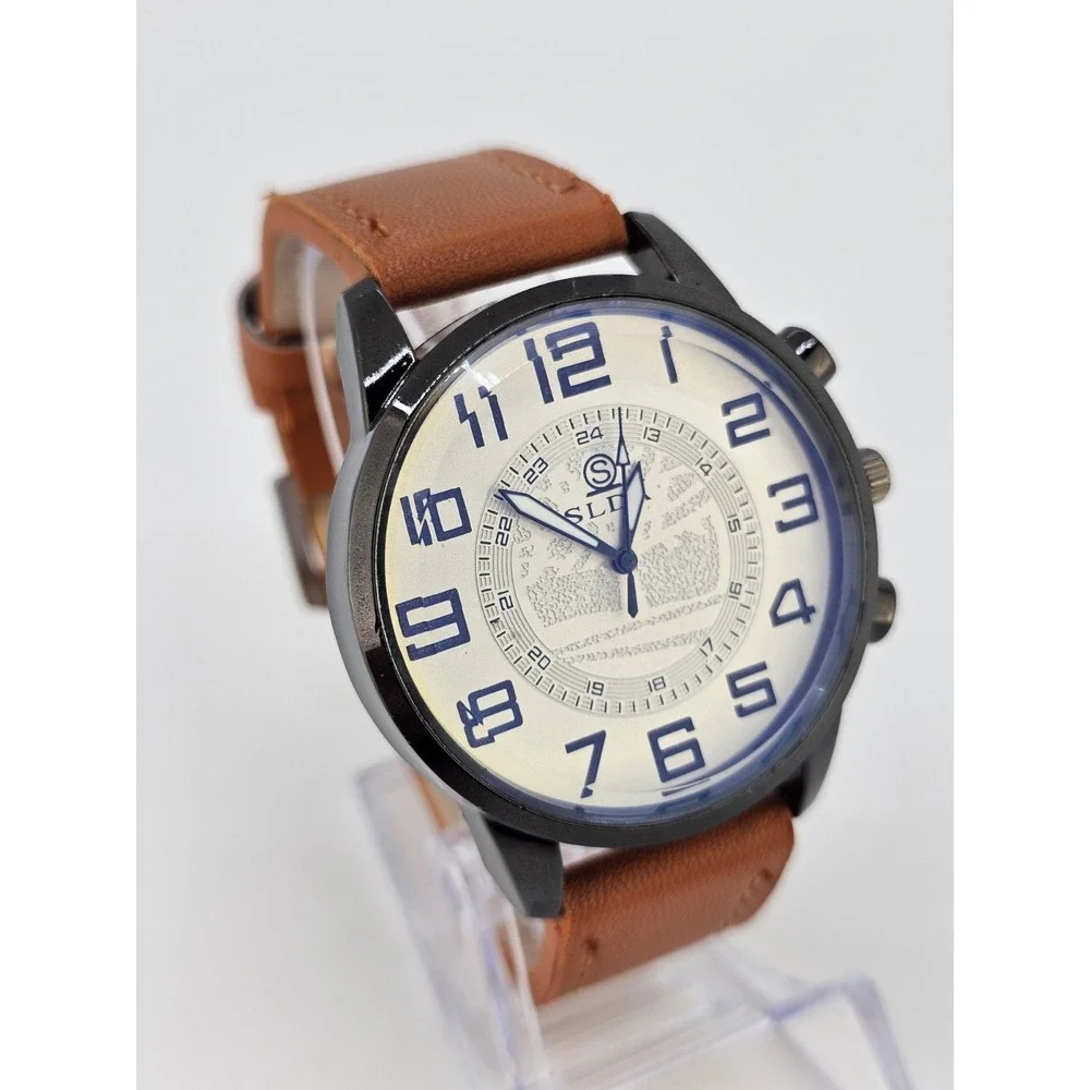 Men's Analog Watch 45MM Cream Dial Light Brown Faux Leather Bands New‎ Battery